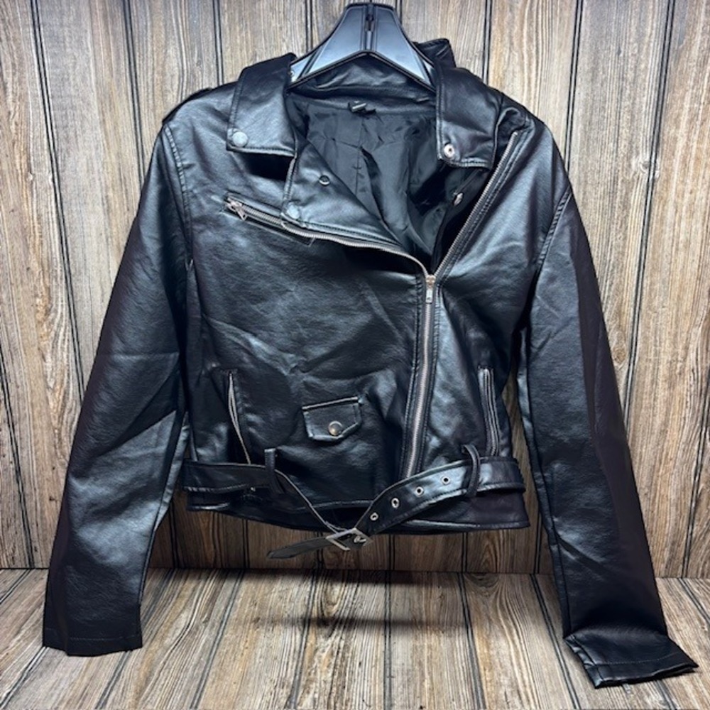 Windsor Womens Black Faux Leather Moto Biker Jacket Belted Zip Medium